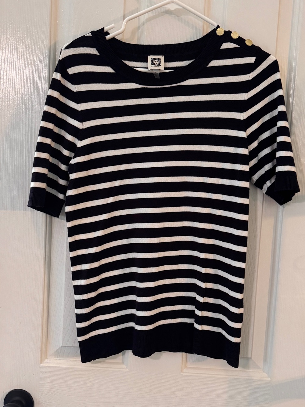 Anne Klein Black and White Striped Crewneck Sweater with Gold Buttons